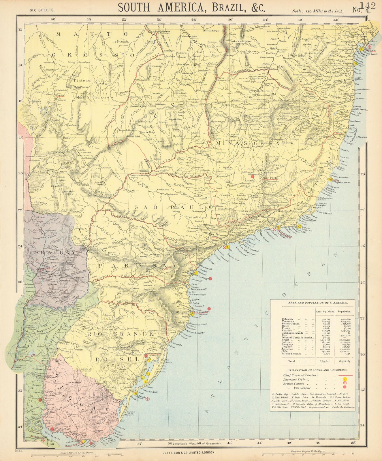 SOUTH BRAZIL URUGUAY. Lighthouses. Bahia Minas Gerais Sao Paolo. LETTS 1892 map